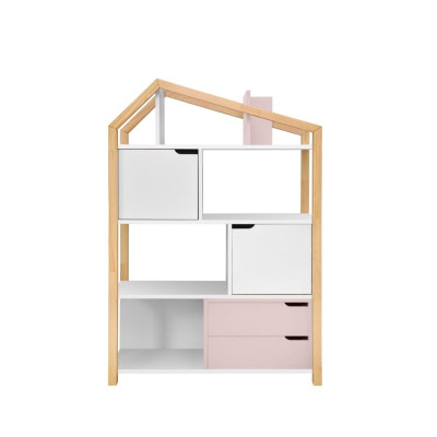 Biblioteca Montessori Kaya, tip casuta, cu 3 rafturi, 2 dulapioare, 2 sertare, lemn de pin, Roz, colectia TATAM, 130x90 cm