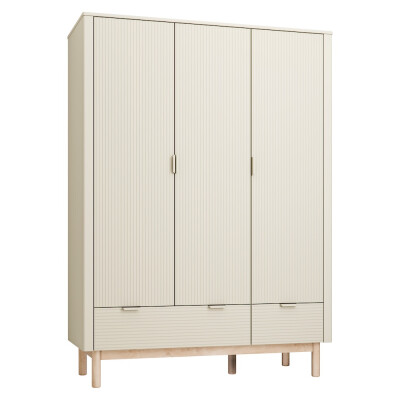 Dulap inalt cu 3 usi, 2 sertare, 200x145 cm din lemn masiv / MDF, colectia Miloo, champagne