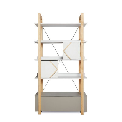 Biblioteca 5 rafturi, 2 dulapioare, cadru de Lemn, stil Montessori, 190x100 cm, colectia PINETTE