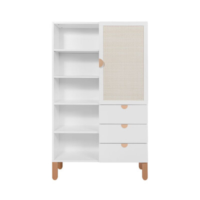 Biblioteca 5 rafturi cu usa si 3 sertare, MDF/lemn de fag, stil Scandinav, Ratan