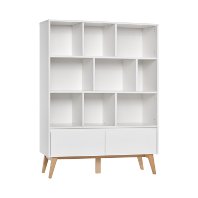 Biblioteca wide 4 rafturi, 2 dulapioare, 2 sertare, MDF/lemn de fag, Swing Alb 160x120 cm