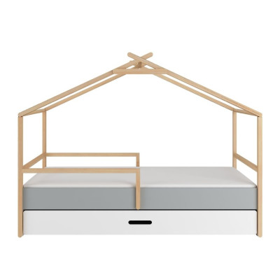 Pat tip casuta, cu sertar, cadru de Lemn, stil Montessori, 90x200, colectia TeePee
