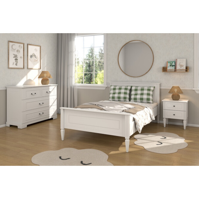 Noptiera pentru pat, 2 sertare, MDF, picioare de lemn, Alb, 59x51 cm, stil clasic romantic, colectia INES