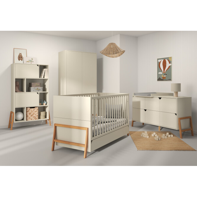 Dulap 2 usi, 1 sertar, PAL, picioare lemn de stejar, Latte, stil scandinav, 200x100 cm, colectia LOTTA