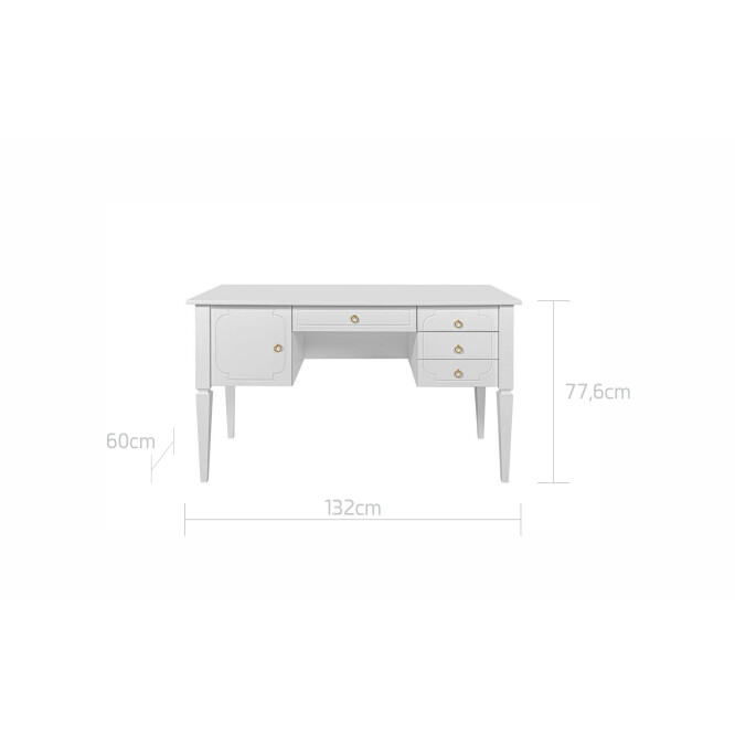 Birou Alb Elegant, blat MDF 60x132 cm, picioare de Lemn, 4 sertare, dulapior, stil clasic-romantic, colectia Royal 