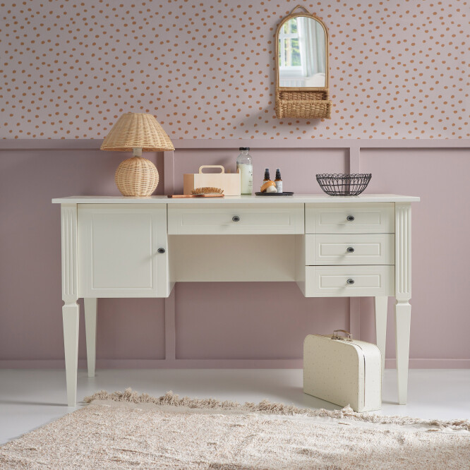 Birou elegant Alb, blat MDF 132x78 cm, picioare de lemn, 4 sertare, dulapior, stil clasic romantic, colectia INES 