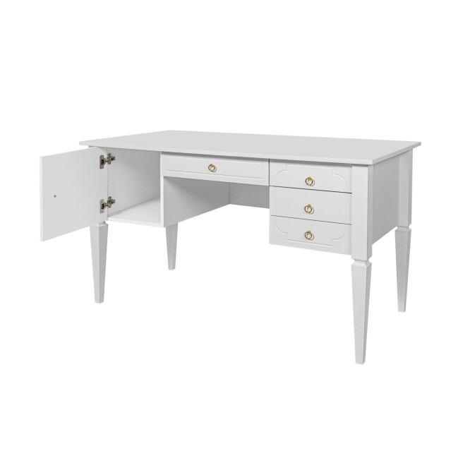 Birou Alb Elegant, blat MDF 60x132 cm, picioare de Lemn, 4 sertare, dulapior, stil clasic-romantic, colectia Royal 