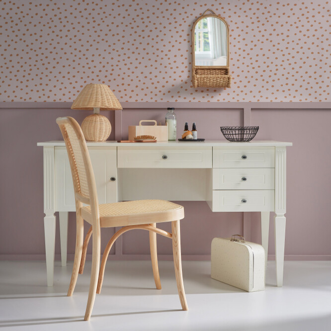 Birou elegant Alb, blat MDF 132x78 cm, picioare de lemn, 4 sertare, dulapior, stil clasic romantic, colectia INES 