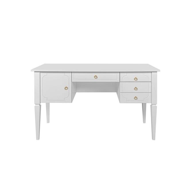 Birou Alb Elegant, blat MDF 60x132 cm, picioare de Lemn, 4 sertare, dulapior, stil clasic-romantic, colectia Royal 