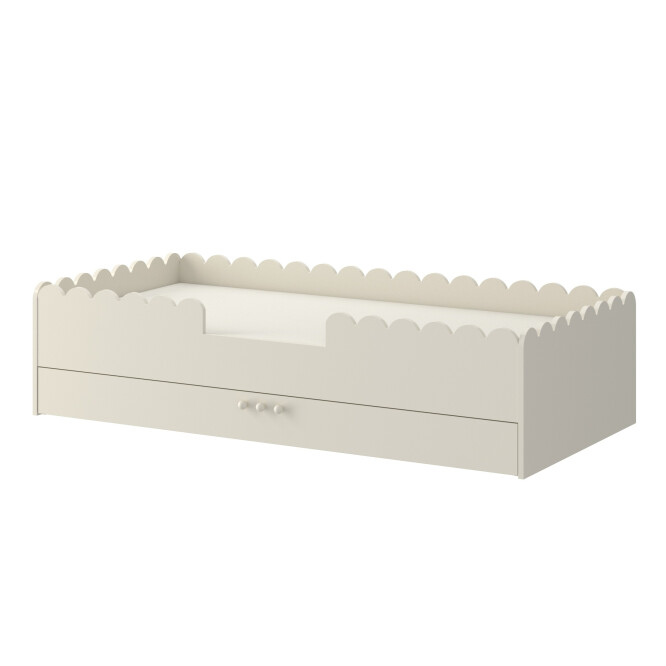 Pat Montessori 80x160, LATTE, MDF si lemn masiv, cu bariere de protectie si sertar colectia Book Nook