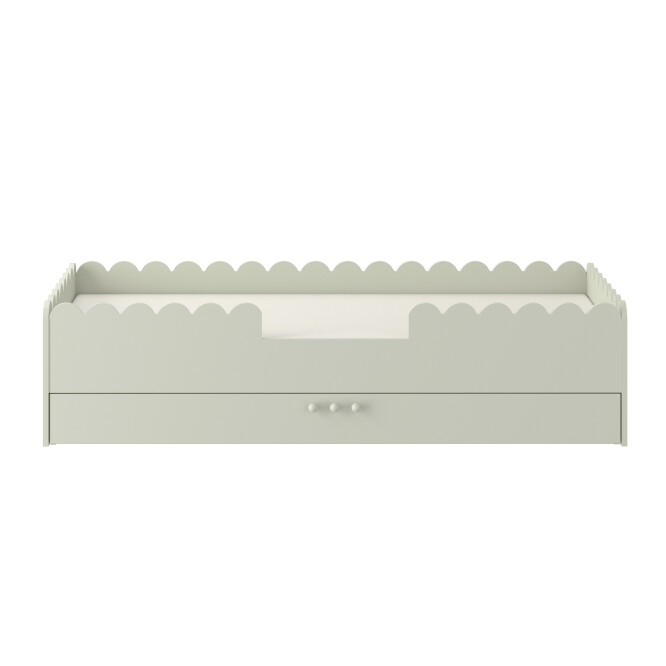 Pat Montessori 80x160, SAGE, MDF si lemn masiv, cu bariere de protectie si sertar colectia Book Nook