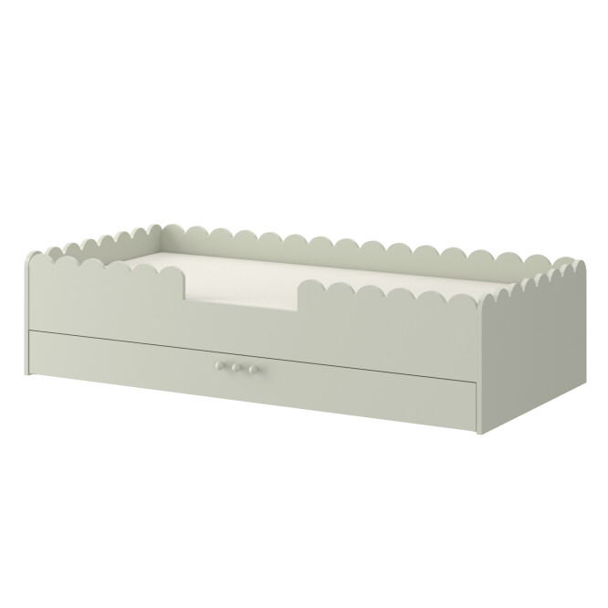 Pat Montessori 80x160, SAGE, MDF si lemn masiv, cu bariere de protectie si sertar colectia Book Nook