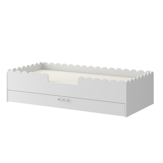 Pat Montessori 80x160, ALB, MDF si lemn masiv, cu bariere de protectie si sertar colectia Book Nook