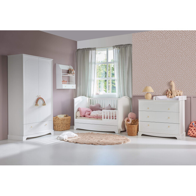 Patut bebe cu sertar, MDF/Lemn, ALB, stil clasic-romantic, 70x140 cm, colectia Royal