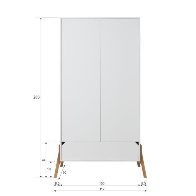 Dulap 2 usi, 1 sertar, PAL, picioare lemn de stejar, Alb, stil scandinav, 200x100 cm, colectia LOTTA