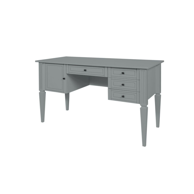 Birou elegant Gri, blat MDF 132x78 cm, picioare de lemn, 4 sertare, dulapior, stil clasic romantic, colectia INES 