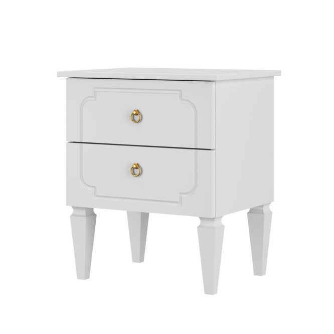 Noptiera Royal Alb, 2 Sertare, MDF alb, picioare din Lemn de Fag, 59x51x40 cm, colectia Royal