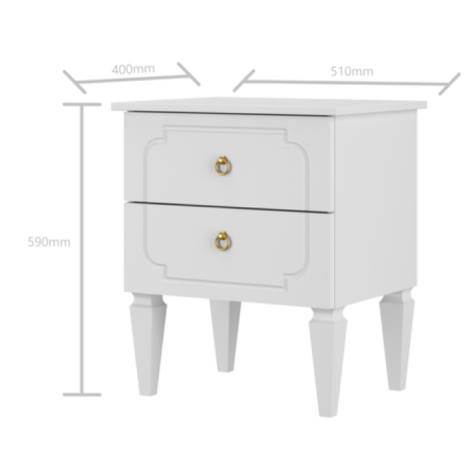 Noptiera Royal Alb, 2 Sertare, MDF alb, picioare din Lemn de Fag, 59x51x40 cm, colectia Royal