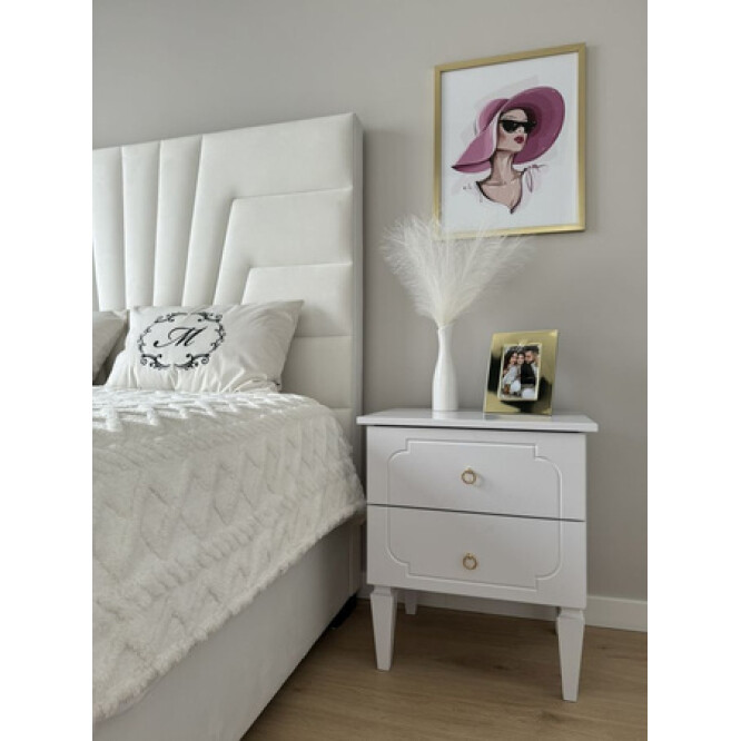 Noptiera Royal Alb, 2 Sertare, MDF alb, picioare din Lemn de Fag, 59x51x40 cm, colectia Royal