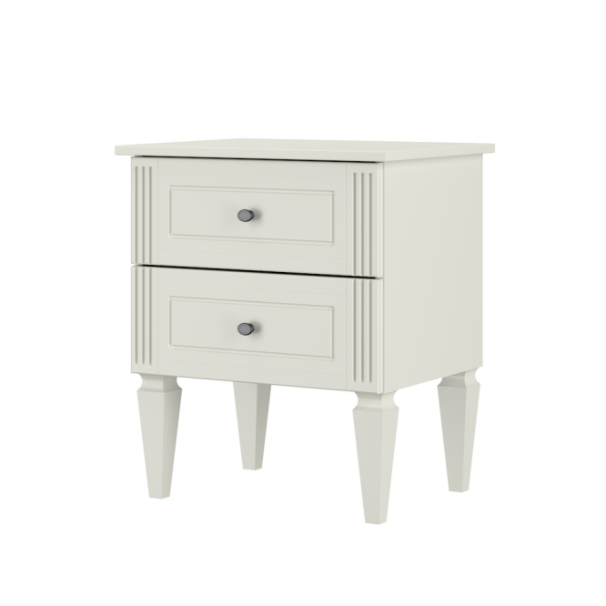 Noptiera pentru pat, 2 sertare, MDF, picioare de lemn, Alb, 59x51 cm, stil clasic romantic, colectia INES