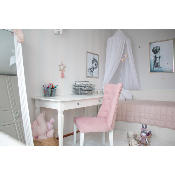 Birou Alb, 2 sertare, blat MDF 120x80 cm, picioare de lemn, stil clasic-romantic, colectia INES  
