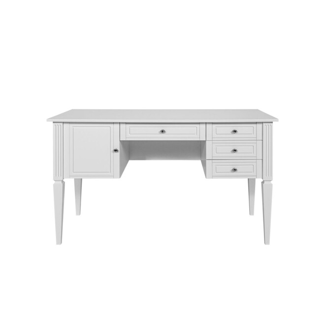 Birou elegant Alb, blat MDF 132x78 cm, picioare de lemn, 4 sertare, dulapior, stil clasic romantic, colectia INES 