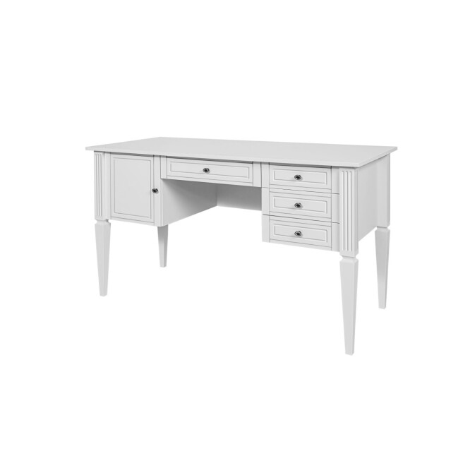 Birou elegant Alb, blat MDF 132x78 cm, picioare de lemn, 4 sertare, dulapior, stil clasic romantic, colectia INES 