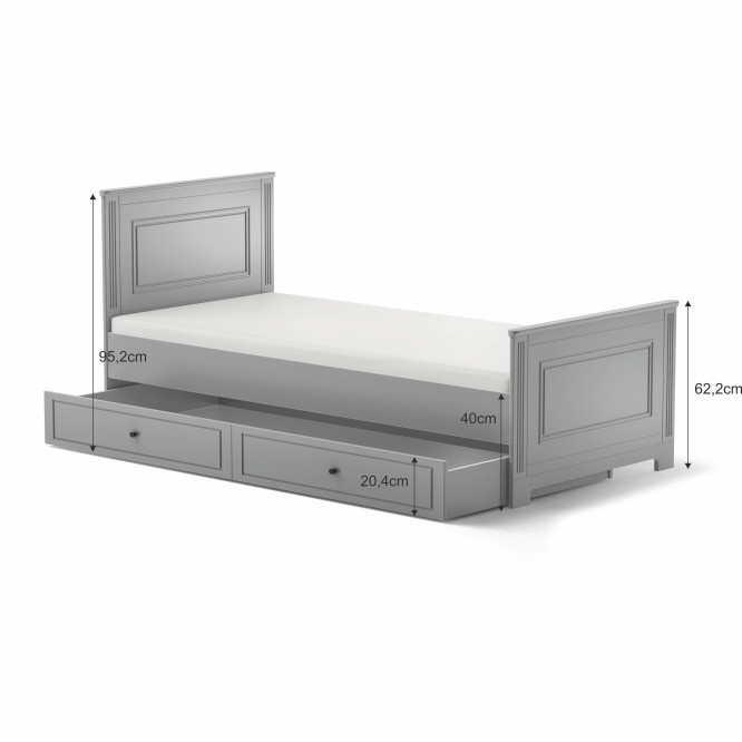 Pat de o persoana cu sertar, MDF, Gri stil clasic-romantic, 90x200 cm, colectia INES 
