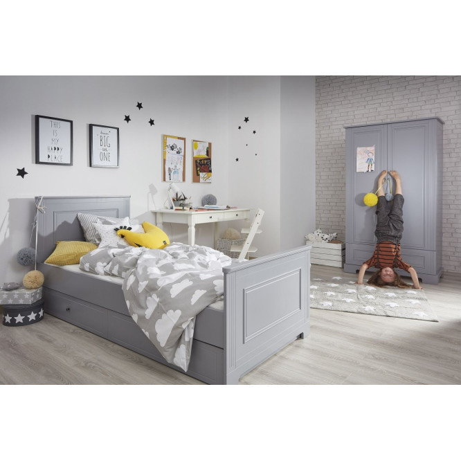 Pat de o persoana cu sertar, MDF, Gri stil clasic-romantic, 90x200 cm, colectia INES 