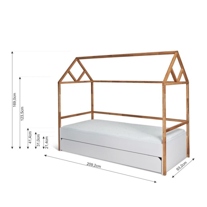 Pat tip casa cu sertar, Lemn de stejar, stil scandinav Gri, 90x200 cm, colectia LOTTA