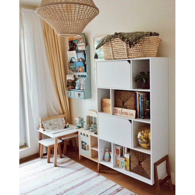 Biblioteca 4 rafturi, 2 dulapioare, PAL, picioare de lemn stejar, Alb, 167x103 cm, stil scandinav, colectia LOTTA