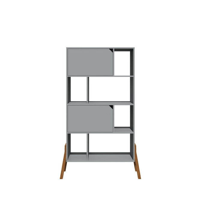 Biblioteca 4 rafturi, 2 dulapioare, PAL, picioare de lemn stejar, Gri, 167x103 cm, stil scandinav, colectia LOTTA
