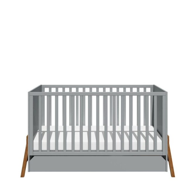 Patut bebe transformabil, cu sertar, lemn/MDF, Gri, stil scandinav, 140 x 70 cm, colectia LOTTA