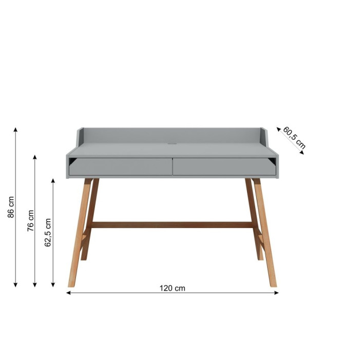 Birou LOTTA Gri, 2 sertare, blat 120x60 cm, picioare lemn de stejar, stil scandinav,