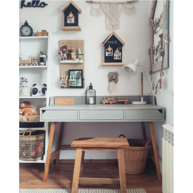 Birou LOTTA Gri, 2 sertare, blat 120x60 cm, picioare lemn de stejar, stil scandinav,