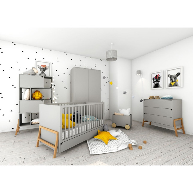 Comoda 3 sertare, PAL, picioare lemn stejar, Gri, stil scandiva, colectia LOTTA