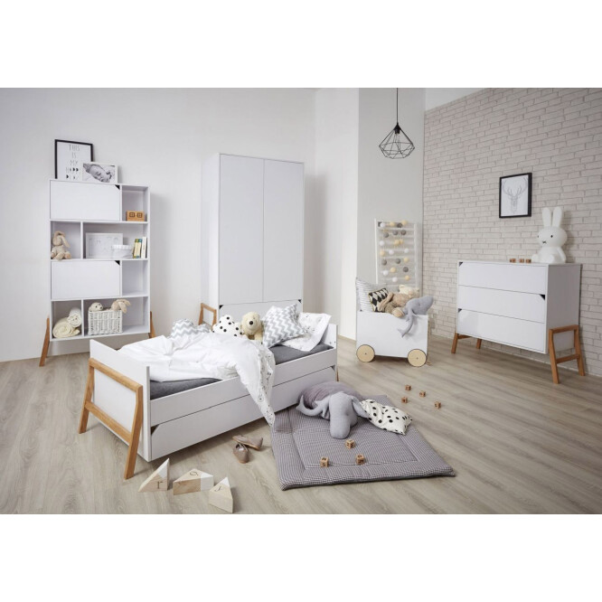 Set patut bebe lemn, alb cu sertar si saltea 140x70 cm colectia Lotta 