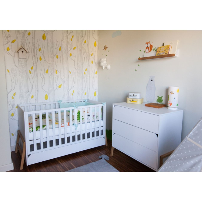 Patut bebe transformabil, cu sertar, lemn/MDF, Alb, stil scandinav, 140 x 70 cm, colectia LOTTA