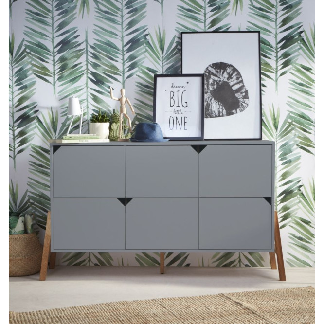 Comoda 6 sertare, PAL cu picioare din lemn de stejar, Gri, stil scandinav, colectia LOTTA