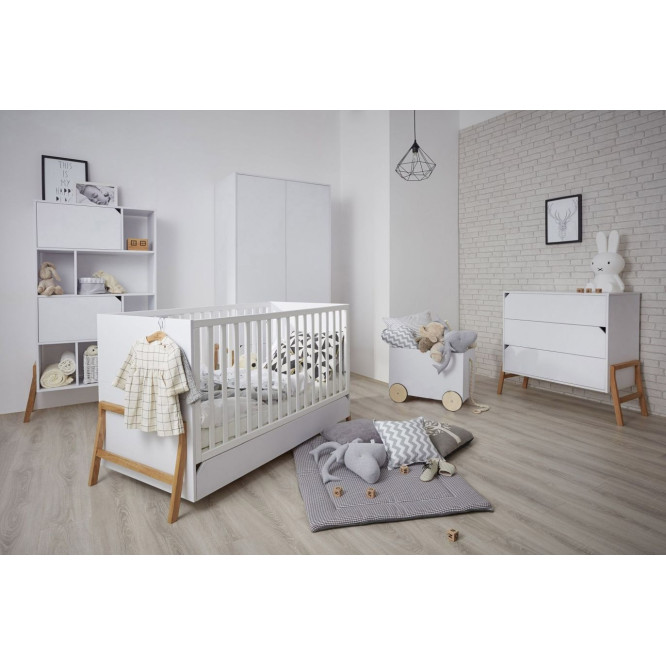 Patut bebe transformabil, cu sertar, lemn/MDF, Alb, stil scandinav, 140 x 70 cm, colectia LOTTA
