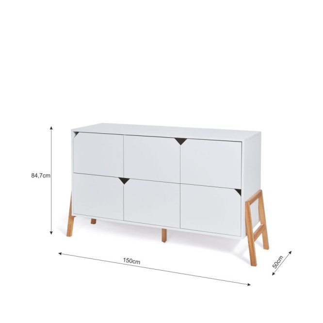 Comoda 6 sertare, PAL cu picioare din lemn de stejar, Gri, stil scandinav, colectia LOTTA