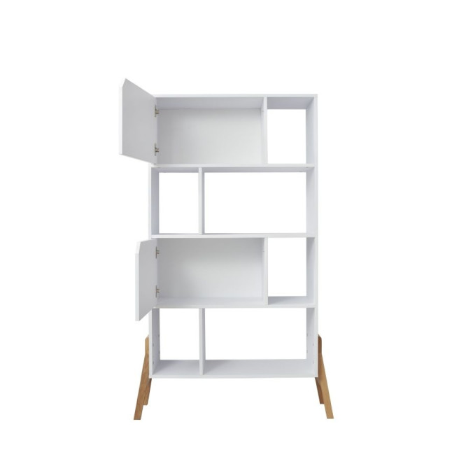 Biblioteca 4 rafturi, 2 dulapioare, PAL, picioare de lemn stejar, Alb, 167x103 cm, stil scandinav, colectia LOTTA