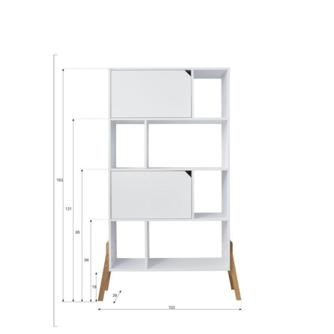 Biblioteca 4 rafturi, 2 dulapioare, PAL, picioare de lemn stejar, Alb, 167x103 cm, stil scandinav, colectia LOTTA