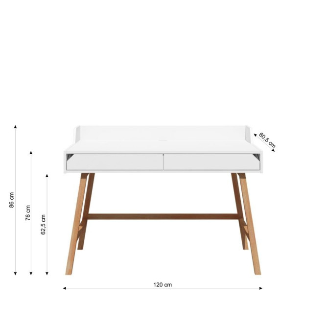 Birou LOTTA Alb, 2 sertare, blat 120x60 cm, picioare lemn de stejar, stil scandinav,