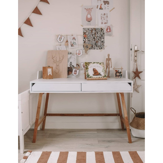 Birou LOTTA Alb, 2 sertare, blat 120x60 cm, picioare lemn de stejar, stil scandinav,