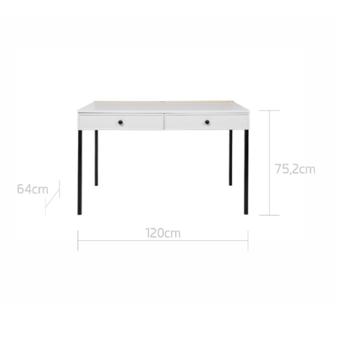 Birou LUMI, 2 sertare, MDF/ picioare metalice, Alb, suprafata de studiu 120x64 cm