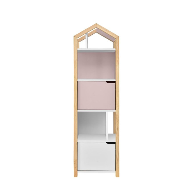 Biblioteca Montessori Joey, tip casuta, cu 3 rafturi, 2 dulapioare, lemn de pin, ROZ, colectia TATAM, 160x46 cm