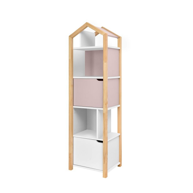 Biblioteca Montessori Joey, tip casuta, cu 3 rafturi, 2 dulapioare, lemn de pin, ROZ, colectia TATAM, 160x46 cm