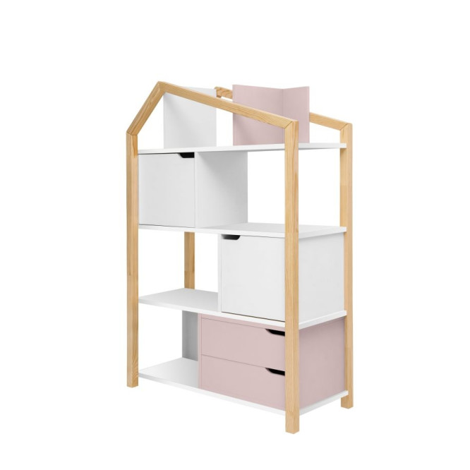 Biblioteca Montessori Kaya, tip casuta, cu 3 rafturi, 2 dulapioare, 2 sertare, lemn de pin, Roz, colectia TATAM, 130x90 cm