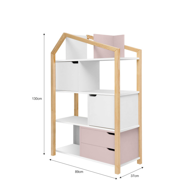 Biblioteca Montessori Kaya, tip casuta, cu 3 rafturi, 2 dulapioare, 2 sertare, lemn de pin, Roz, colectia TATAM, 130x90 cm